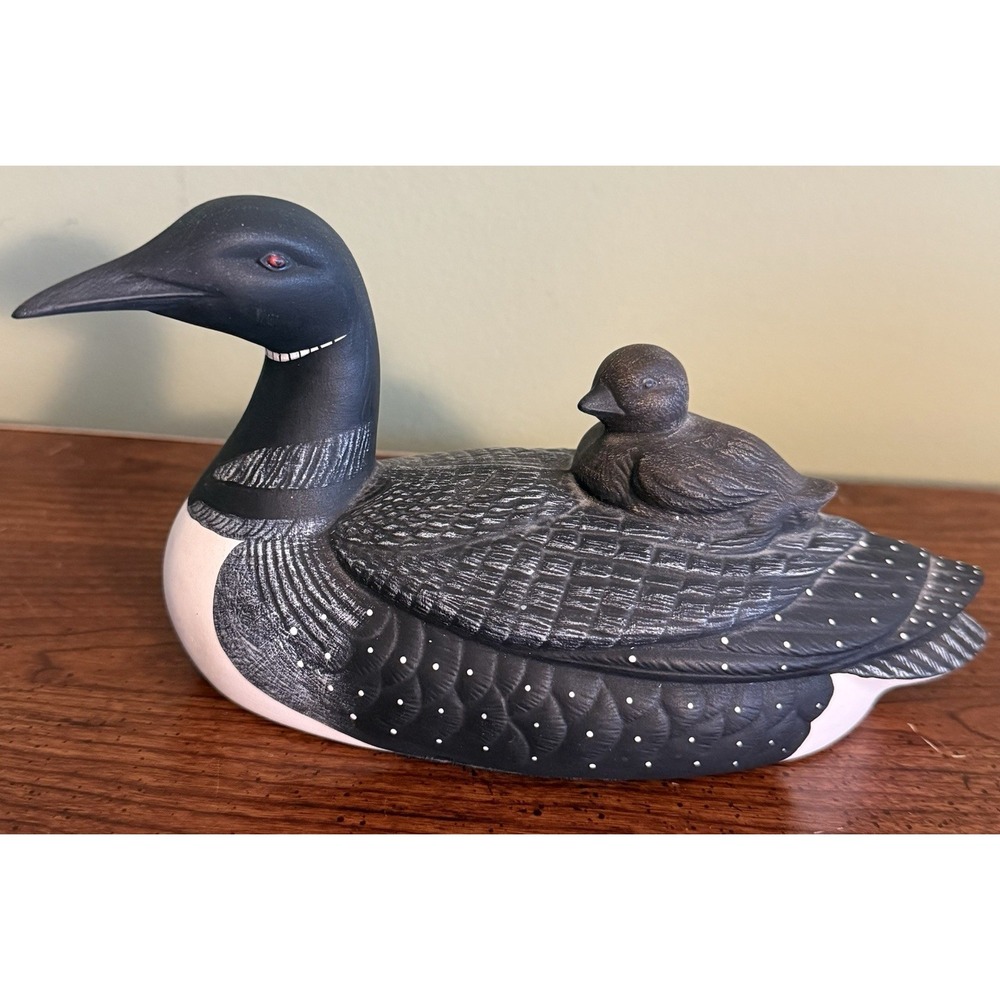 Vintage Ceramic Hand Painted Loon Decoy w baby 9"